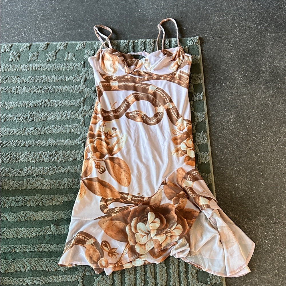 Miaou Brown Snake and Floral Midi Dress